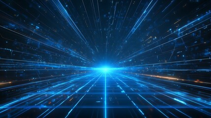 Obraz premium A dynamic blue light beam radiating in a digital space, creating a futuristic and abstract visual effect.