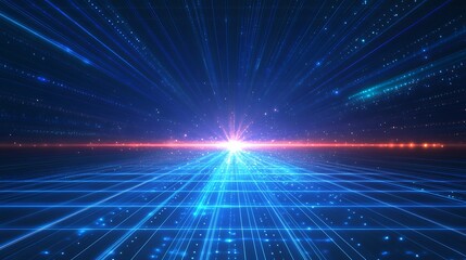 Obraz premium A dynamic burst of light and color, creating a futuristic atmosphere with radiant beams and a digital grid pattern.