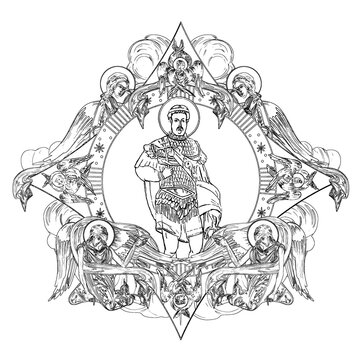 black and white saint portrait with angels clip art preview