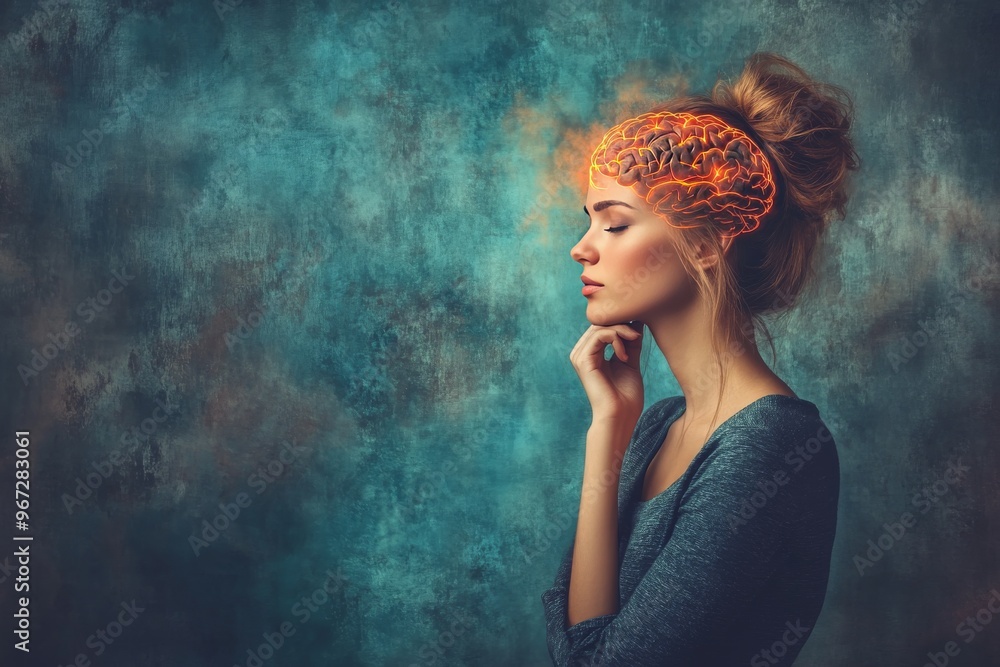 Poster synapse futuristic neuron neural network and electromagnetic resonance woman in a contemplative pose