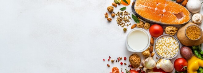 Fats are nutrients in food that the body uses to build cell membranes, nerve tissue including the brain, and hormones. Fats food banner with copyspace.