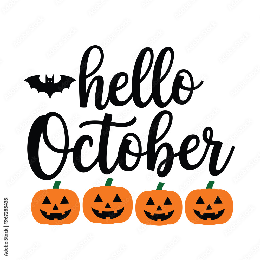 Fototapete hello october written in black cursive on a white background with a bat symbol
