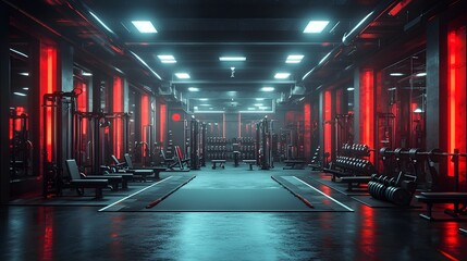 Cinematic workout in a gym environment focusing on strength and endurance, with a strong emphasis on cardiovascular fitness. 3D realistic rendering highlights the dramatic and intense nature
