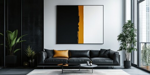 Modern Living Room with Black Leather Sofa, Abstract Art, and Plants