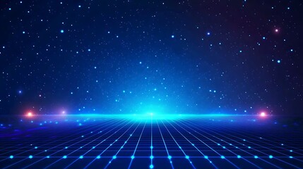 Obraz premium A futuristic cosmic landscape featuring glowing stars and a grid pattern, ideal for sci-fi and digital art projects.