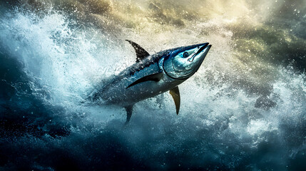Fototapeta premium powerful image of a tuna fish leaving the water, its strong body in motion as ocean spray surrounds it in dynamic arcs