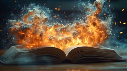 Open book showing an imaginative outburst of art and abstract forms emerging from the pages, symbolizing knowledge and creativity. 3D realistic rendering emphasizes the playful and artistic theme.