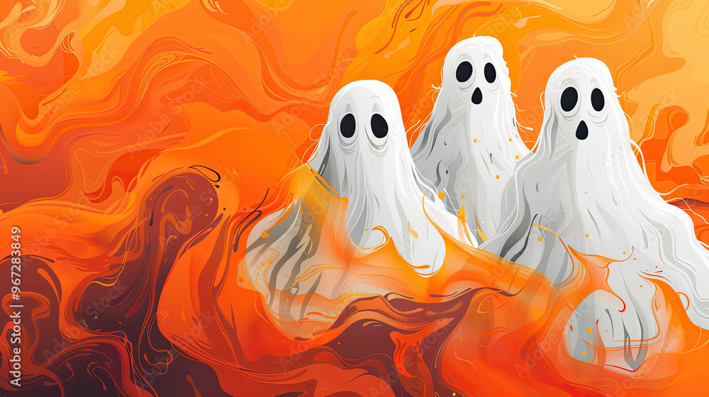 Wall mural white and orange spooky ghosts cards on halloween day with bokeh and blur background. premium illust