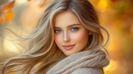Naklejka premium A woman with long blonde hair and blue eyes is wearing a white sweater and smiling. The image has a warm and friendly mood, with the woman's smile and the cozy sweater creating a sense of comfort