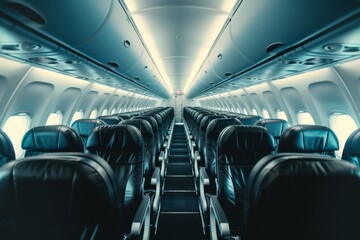 Naklejka premium An empty airplane cabin with rows of dark seats, bathed in a cool, modern blueish light.