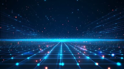 Obraz premium A futuristic digital landscape featuring glowing lines and vibrant particles, perfect for technology and sci-fi themes.