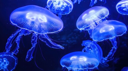 Obraz premium Glowing Jellyfish in the Deep Blue Sea