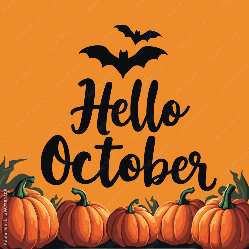 Fototapete hello october written in black cursive on an orange background with bat symbol