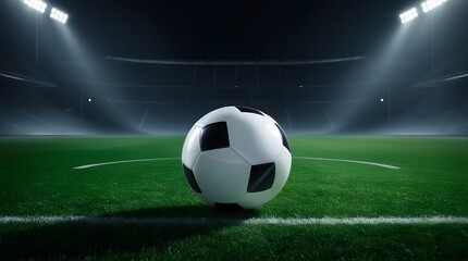 A black and white soccer ball resting on a well-maintained grass field in a lit stadium during an evening match preparation