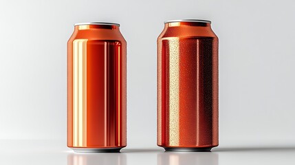Fototapeta premium Two metallic orange cans with condensation on a white background.