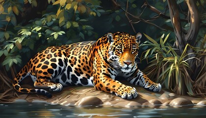 Jaguar resting gracefully by a riverbank surrounded by lush greenery