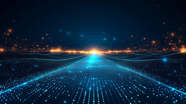 A futuristic digital landscape with glowing lights and vibrant colors, perfect for technology and innovation themes.