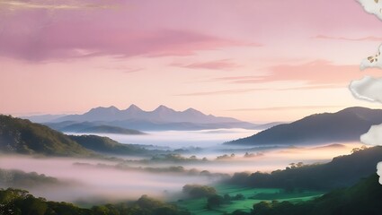Fototapeta premium Soft watercolor of distant mountains at dawn, with mist hanging over the valley. The sky in soft pink and purple hues adds to the tranquil, serene atmosphere.
