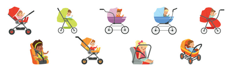 Little Baby Kid Sit in Carriage or Pram and Car Seat Vector Set
