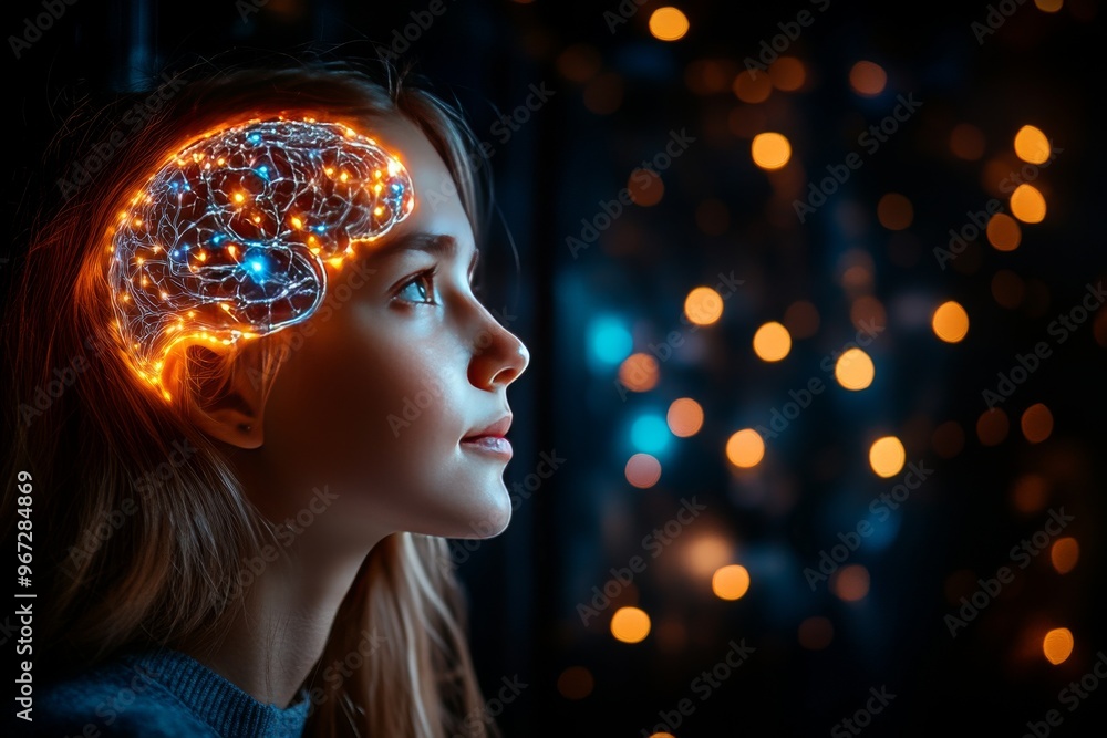 Poster photoreceptors data mapping neurofeedback mental health and neuron mapping woman looking into the di