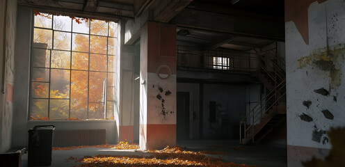 Photo of abandoned old building with autumn trees and foliage