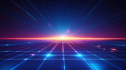 Obraz premium A futuristic landscape with glowing grid lines and radiant colors, evoking a sense of depth and cosmic serenity.