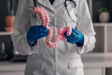 A medical professional in a lab coat holds an anatomical model of the human colon, demonstrating its structure in a clinical setting.