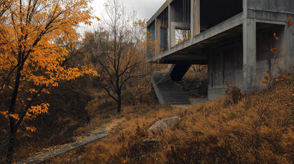 Photo of abandoned old building with autumn trees and foliage