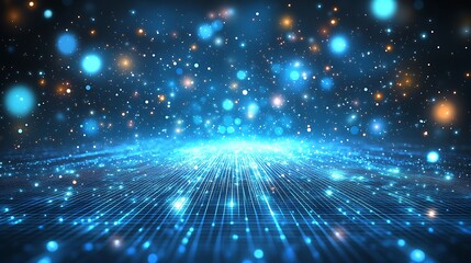 Fototapeta premium A mesmerizing array of glowing particles and light beams creating a captivating digital landscape in vibrant blue tones.
