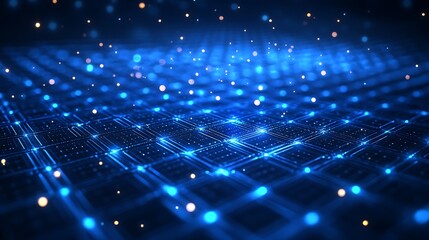 Obraz premium A mesmerizing blue abstract background featuring glowing dots and a grid pattern, ideal for tech and digital themes.