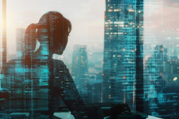 A lone coder in profile working late in a high-rise office, with a backdrop of a cityscape merging with digital interfaces, illustrating the blend of technology and urbanity.