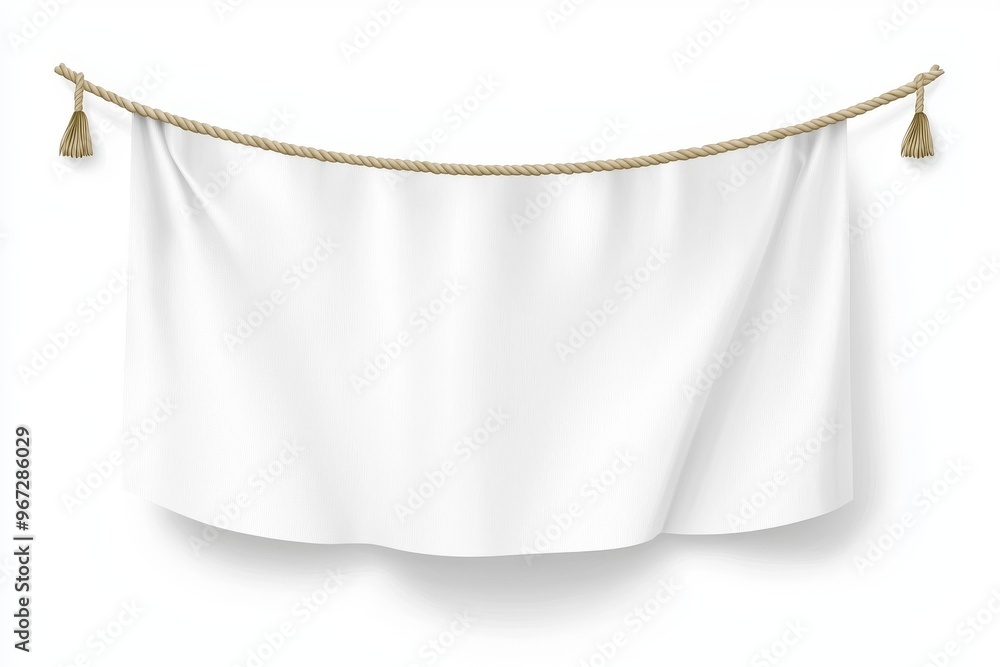 Poster a mock up of an empty white banner with folds on ropes. the mockup is isolated on a light gray backg