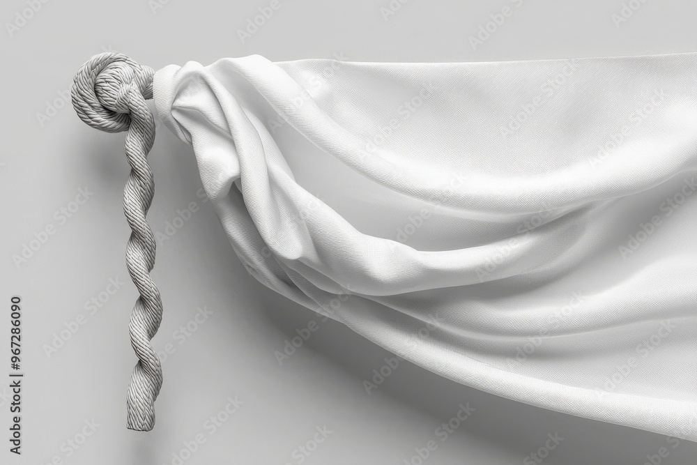 Poster an empty white banner mockup with folds and ropes isolated on a light grey background is shown in th