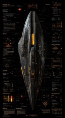 Futuristic Spaceship Schematic with Detailed Technical Specifications