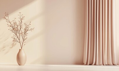 3D render showing a wall mock up against an empty interior background, with a pastel peach-colored wall as the main focal point