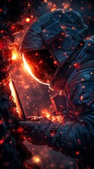 Astronaut using a tablet in a lava-lit volcanic environment
