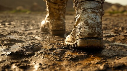 Muddy boots walking on a wet and muddy terrain