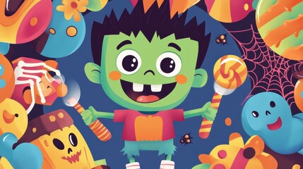 A cheerful monster boy holds candy amidst colorful Halloween decorations, showcasing a fun and playful atmosphere for the holiday