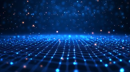 Obraz premium A mesmerizing blue digital landscape with glowing particles and a grid pattern, perfect for technology and abstract concepts.