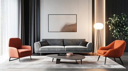Modern Living Room Interior Design with Orange Armchairs and Gray Sofa