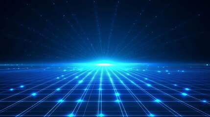 Obraz premium A mesmerizing blue grid with radiant beams of light emanating from the center, creating a futuristic digital landscape.