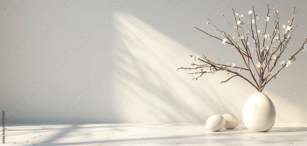 Poster a serene composition featuring white eggs and a branch, casting soft shadows on a light surface, per