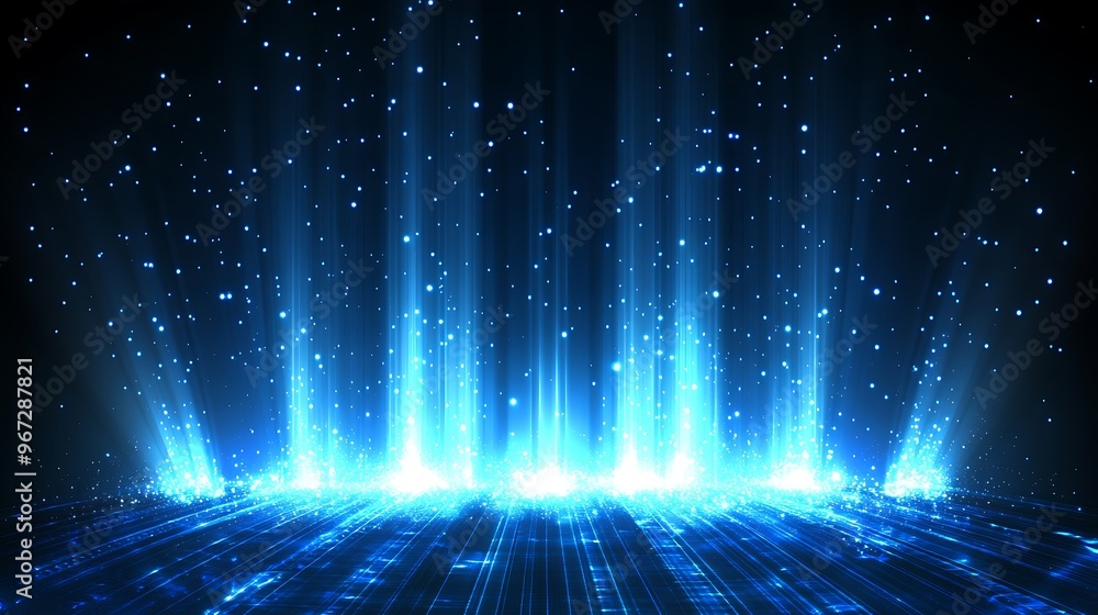 Poster a mesmerizing blue light display with rays and particles, creating a captivating digital atmosphere 