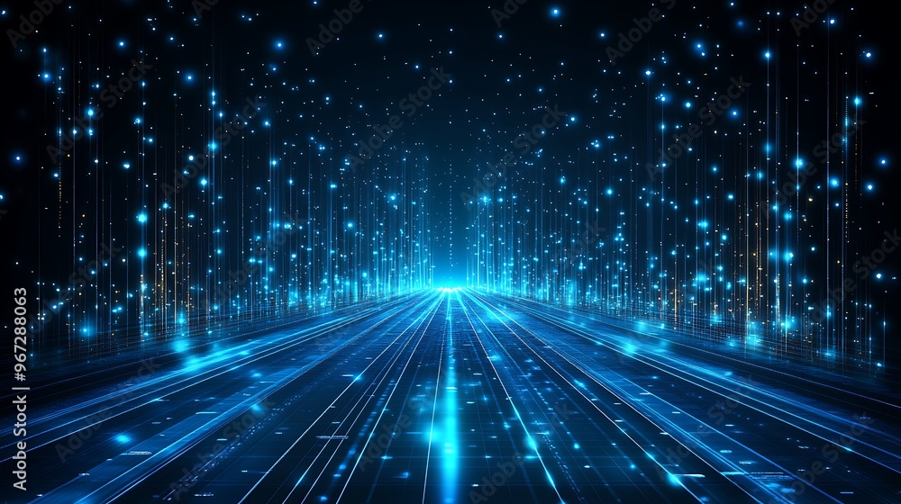 Poster a mesmerizing blue light path with glowing particles, creating a futuristic atmosphere of cosmic ene