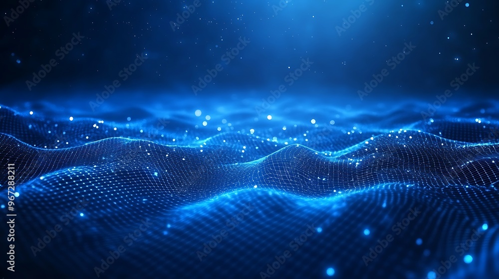 Poster a mesmerizing blue wave pattern, illuminated with sparkling lights, capturing the essence of tranqui