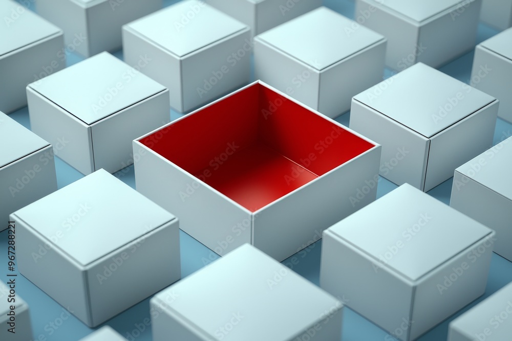 Poster boxes are white with realistic cardboard textures. one is open and red inside.