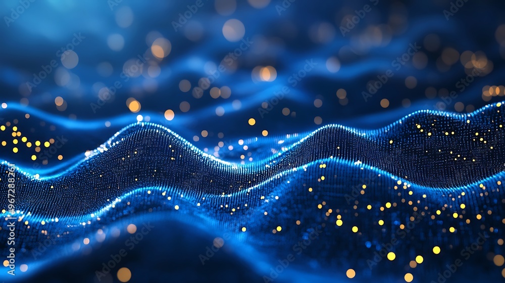 Poster a mesmerizing blue wave pattern illuminated by sparkling golden lights, creating a serene and dreamy