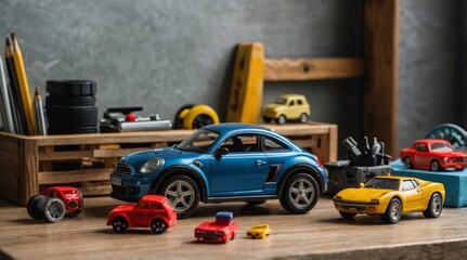Fototapeta premium Frame of different tools and toy car on table