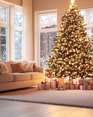 Cozy Living Room With Decorated Christmas Tree and Presents During Festive Season