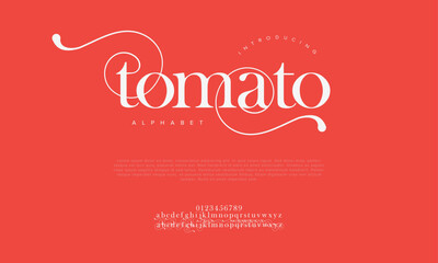 Tomato typography beauty fashion elegant minimalist serif italic fonts decorative wedding vintage retro logos. Minimal luxury font alphabet logo. Vector illustration